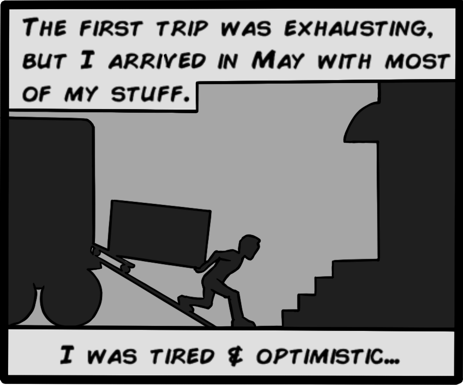 The first trip was exhaustng, but I arrived in May with most of my stuff. I was tired & optimistic...