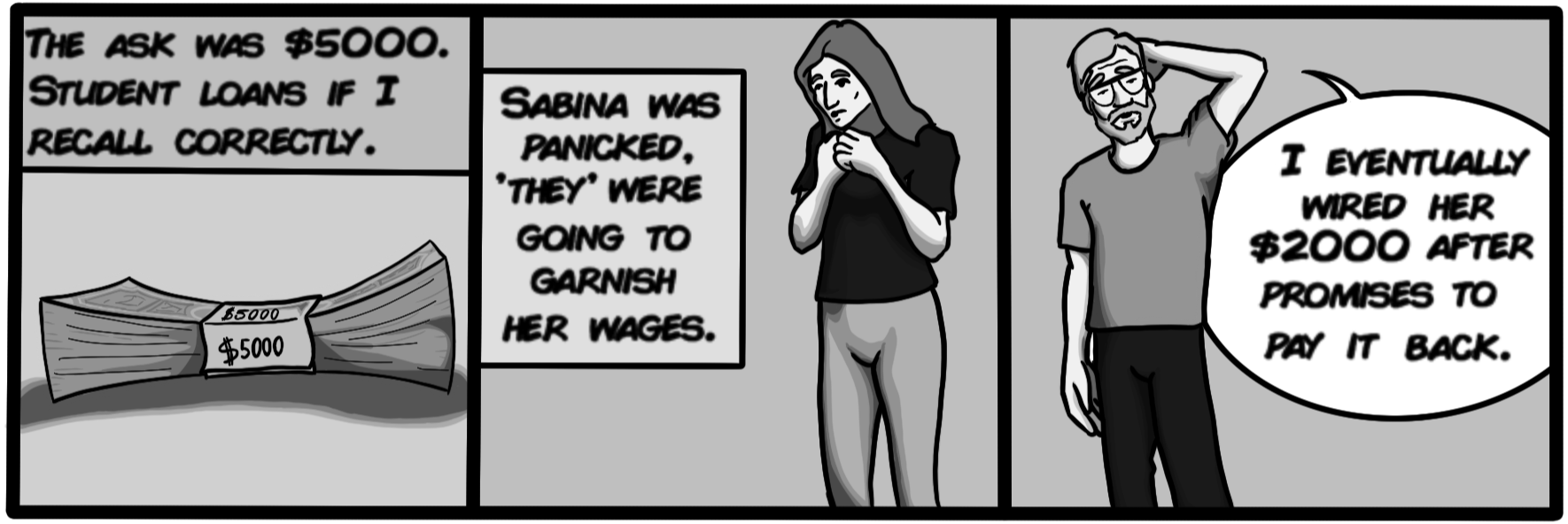 I eventually wired her $2000 after promises to pay it back.