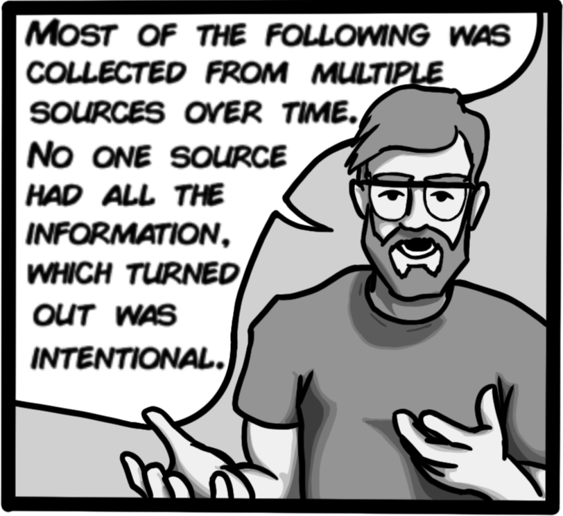 Most of the following was collected from multiple sources over time. No one source had all the information, which turned out was intentional.