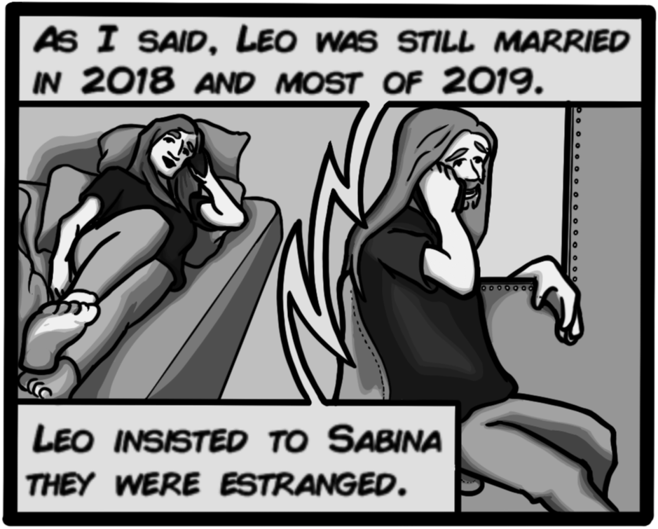 As I said, Leo was still married
						in 2018 and most of 2019. Leo insisted to Sabina they were estranged.