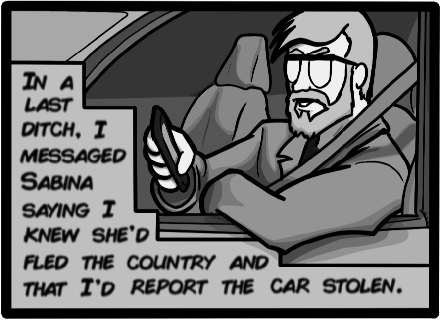 In a last ditch, I messaged Sabina saying I knew she'd fled the country and that I'd report the car stolen.