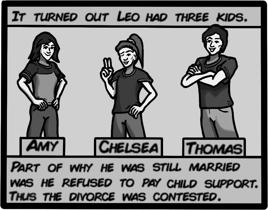 It turned out Leo had three kids. Amy, Chelsea, and Thomas. Part of why he was still married was he refused to pay child support. Thus the divorce was contested.