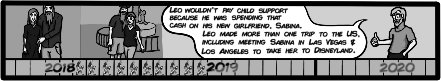 Leo wouldn't pay child support because he was spending that cash on his new girlfriend, Sabina. Leo made more than one trip to the US, including meeting Sabina in Ls Vegas & Los Angeles to take her to Disneyland.