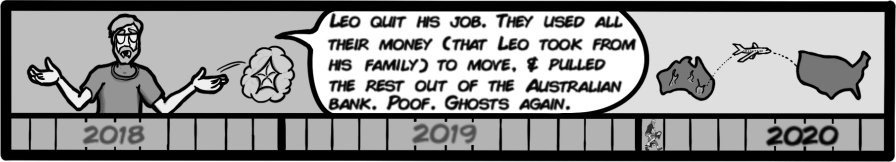 Leo quit his job. They used all their money (that Leo took from his family) to move, & pulled the rest out of the Australian bank. Poof. Ghosts again.