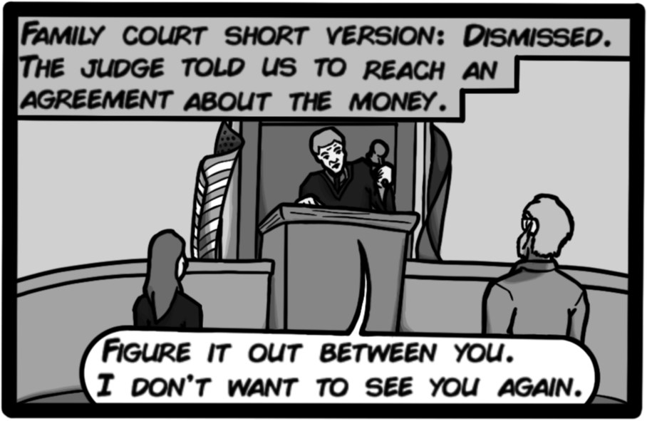 Family Court short version: Dismised. The judge told us to reach an agreement about the money. [Judge: Figure it out between you. I don't want to see you again.]