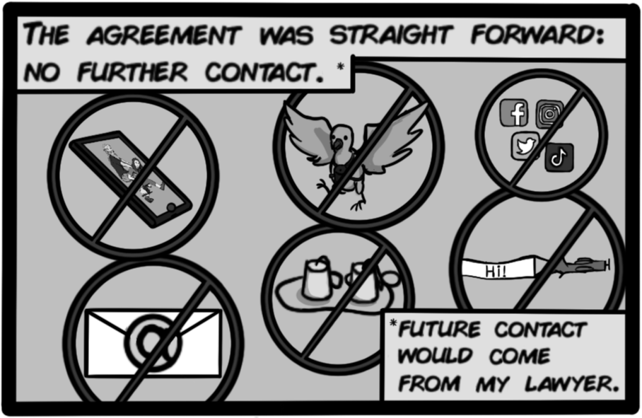 The agreement was straight forward: No further contact. * (future contact would come from my lawyer)